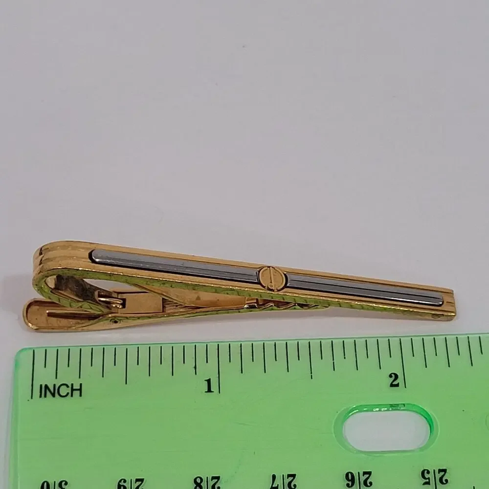 Dunhill Vintage Two Tone Tie Clasp Clip‎ Bar Silver Gold Retro Logo Minimalistic